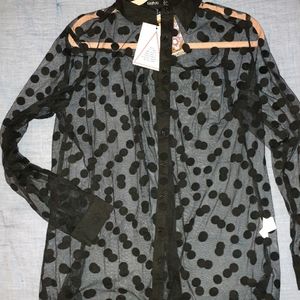 Boohoo sheer, blk,  Polka Dot button down blouse.